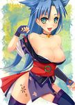  bare_shoulders bell blue_hair blush breasts cleavage collar commentary_request fingerless_gloves gloves green_eyes japanese_clothes kimono large_breasts long_hair looking_at_viewer open_mouth pichagorou rance_(series) sengoku_rance smile solo suzume_(rance) thighhighs 