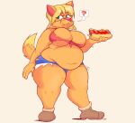anthro bee-unit belly belly_overhang big_breasts blonde_hair blue_eyes boots bottomwear breasts canid canine canis clothed clothing crumbs cutoffs daisy_dukes deep_navel denim denim_bottomwear denim_clothing dingo dipstick_tail eating eating_food eyebrows eyelashes featureless_breasts female food footwear fur hair hi_res holding_hot_dog hot_dog hotpants ketchup mammal markings medium_hair navel overweight overweight_anthro overweight_female partially_clothed question_mark raised_tail red_clothing red_shirt red_topwear shazza_the_dingo shirt shorts simple_background snout solo speech_bubble standing tail tail_markings tan_body tan_fur thick_thighs topwear torn_bottomwear torn_clothing torn_hotpants torn_shirt torn_topwear ty_the_tasmanian_tiger_(series) weight_gain white_background wide_hips
