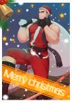  1boy bara beard_stubble boots border christmas covered_nipples feet_out_of_frame gift_bag hat highres knee_boots large_pectorals legs_apart looking_at_viewer male_focus mature_male muscular muscular_male nipples original pectorals red_headwear santa_costume santa_hat short_hair sleeveless sleeveless_jacket smile snowing solo standing thick_eyebrows v-shaped_eyebrows white_border yuki_goroku 