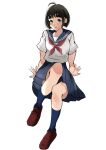 1girl antenna_hair aqua_eyes black_hair blue_sailor_collar blue_skirt blue_socks brown_footwear full_body highres knee_up loafers looking_to_the_side neckerchief open_mouth original pleated_skirt red_neckerchief sailor_collar school_uniform shirt shoes short_hair short_sleeves simple_background sitting skirt socks solo thick_eyebrows white_background white_shirt yoshiopon 