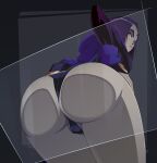  1girl against_glass ass ass_focus black_background black_leotard cameltoe cape colored_skin dc_comics forehead_jewel glass grey_skin hands_on_own_thighs highres leotard long_sleeves looking_at_viewer looking_back purple_hair raven_(dc) ravenravenraven short_hair solo teen_titans thighs 