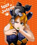  animal animal_on_head blonde_hair blue_hair braid dog double_bun green_eyes green_lipstick green_nails hand_on_own_face iggy_(jojo) jojo_no_kimyou_na_bouken kuujou_jolyne lipstick makeup multicolored_hair nail_polish on_head one_eye_closed patterned_background single_braid stardust_crusaders stone_ocean tazbun two-tone_hair 