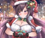  1girl animal_ears blurry blurry_background breasts cleavage closed_mouth commentary_request gift gloves hat holding holding_gift horse_ears horse_girl liukensama medium_breasts mejiro_dober_(umamusume) official_alternate_costume purple_eyes ribbon santa_costume santa_hat smile solo speech_bubble sweat translation_request tsundere umamusume 