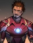  1boy arc_reactor armor brown_eyes brown_hair english_commentary facial_hair full_armor ginmu gradient_background grey_armor grey_background iron_man iron_man_(series) looking_to_the_side male_focus marvel multicolored_armor orange_background power_armor red_armor short_hair simple_background solo standing superhero tearing_up teeth tony_stark v-shaped_eyebrows yellow_armor 