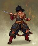  1boy alternate_costume armor artist_name bardock black_eyes black_hair blood blood_on_face blue_pants broken broken_armor broken_sword broken_weapon clenched_hand collarbone dragon_ball dragon_ball_z guillem_dauden haidate headband holding holding_sword holding_weapon injury japanese_armor japanese_clothes kote kusazuri male_focus monkey_tail muscular muscular_male pants pectorals saiyan samurai sash scar scar_on_cheek scar_on_face sheath simple_background sleeveless spiked_hair suneate sword tabi tail tattoo tattoo_sleeve torn_clothes torn_pants waraji weapon 