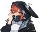  1girl absurdres anger_vein animal_hood arknights black_jacket blush commentary crownslayer_(arknights) hand_up highres hood jacket long_hair mask mouth_mask red_eyes red_hair shirt simi_tofu simple_background solo upper_body white_background white_shirt 