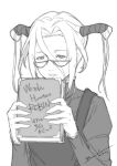  1girl baiola book dated dress glasses greyscale hair_between_eyes highres long_hair long_sleeves looking_at_viewer monochrome robin_sena signature simple_background solo twintails white_background witch_hunter_robin 