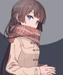  1girl black_hair blue_eyes brown_coat coat hair_ornament hairclip long_hair long_sleeves looking_at_viewer nijisanji red_scarf scarf solo sou_(tuhut) tsukino_mito 