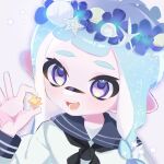 1girl blue_hair braid candy commentary_request food head_wreath highres holding holding_candy holding_food inkling inkling_girl long_hair nanimonaku71 open_mouth purple_eyes sailor_collar sailor_shirt shirt simple_background solo splatoon_(series) splatoon_3 star_(symbol) symbol-shaped_pupils teeth upper_body white_background 