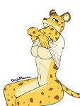 2023 3:4 5_fingers anthro beastars bottomless bottomless_anthro bottomless_female breasts brown_nose brown_spots cheetah clothed clothing deskmaniac felid feline female fingers fur hi_res humanoid_hands mammal navel sheila_(beastars) shirt signature sitting solo spots spotted_body spotted_fur topwear undressing yellow_body yellow_fur