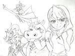  2boys duel_monster ebina_hidekazu greyscale hiiragi_yuzu kurosaki_shun monochrome multiple_boys performapal_hip_hippo sawatari_shingo simple_background traditional_media yuu-gi-ou yuu-gi-ou_arc-v 