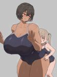  2girls black_hair blonde_hair blue_eyes breasts brown_hair commentary competition_school_swimsuit covered_nipples dark-skinned_female dark_skin dry_humping frottage grinding height_difference highres huge_breasts humping implied_futanari kei_(m_k) long_hair m_k multiple_girls original red_eyes rika_(m_k) school_swimsuit short_hair simple_background size_difference standing sweat swimsuit symbol-only_commentary tall tall_female tan tomboy toned twintails yuri 