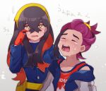 1boy 1girl black_hair blue_jacket buttons carmine_(pokemon) chiimako colored_inner_hair crossed_bangs crying crying_with_eyes_open gloves hair_between_eyes hairband jacket kieran_(pokemon) long_hair long_sleeves mole mole_on_neck mole_under_eye multicolored_hair pokemon pokemon_sv red_hair scene_reference shirt tears two-tone_hair wiping_tears yellow_eyes yellow_hairband 