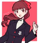  1girl black_jacket blush border buttons commentary do_m_kaeru hair_ribbon jacket long_hair long_sleeves looking_at_viewer open_mouth outside_border persona persona_5 persona_5_the_royal ponytail red_background red_eyes red_hair red_ribbon ribbon school_uniform shirt shuujin_academy_school_uniform simple_background smile solo twitter_username white_border white_shirt yoshizawa_kasumi 