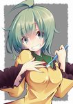  absurdres ahoge bad_id bad_pixiv_id breasts commentary_request green_hair grey_background grin hand_on_own_chest highres huge_ahoge komeiji_koishi large_breasts long_sleeves looking_at_viewer no_hat no_headwear sakakiba_misogi shirt silver_eyes smile solo teeth toothbrush touhou wide_sleeves yellow_shirt 