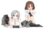  arm_warmers asashio_(kantai_collection) asashio_(kantai_collection)_(cosplay) black_legwear breasts brown_eyes brown_hair chitose_(kantai_collection) chiyoda_(kantai_collection) cosplay grey_hair headband kantai_collection large_breasts long_hair looking_at_viewer multiple_girls open_mouth pantyhose school_uniform shirt short_hair sitting skirt skirt_pull smile suspenders thighhighs tun white_shirt 