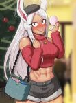  1girl abs animal_ears bag bare_shoulders beret black_headwear black_shorts blurry blurry_background blush boku_no_hero_academia book box braid braided_bangs breasts christmas_tree clenched_hand crop_top cropped_sweater dark-skinned_female dark_skin detached_sleeves embarrassed gift gift_box hands_up harurukan hat holding holding_bag holding_compact jewelry large_breasts long_eyelashes long_hair looking_at_viewer midriff mirko muscular muscular_female nail_polish navel necklace nose_blush parted_bangs pendant rabbit_ears rabbit_girl red_eyes red_nails red_sleeves red_sweater ribbed_sleeves ribbed_sweater short_shorts shorts solo sweatdrop sweater thighs turtleneck turtleneck_sweater very_long_hair wavy_mouth white_hair 