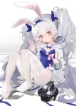  1girl absurdres animal_ears azur_lane blue_leotard breasts chinese_commentary closed_mouth commentary crossed_bangs fake_animal_ears feet full_body grey_hair hair_between_eyes high_heels highleg highleg_leotard highres kele_mimi knees_up laffey_(azur_lane) laffey_ii_(azur_lane) laffey_ii_(sleepy_on_a_busy_day)_(azur_lane) legs leotard long_hair long_sleeves looking_at_viewer no_shoes official_alternate_costume pantyhose playboy_bunny rabbit_ears red_eyes sitting small_breasts solo strapless strapless_leotard toenails toes twintails v very_long_hair white_background white_pantyhose 