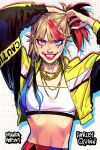  1girl absurdres alternate_costume arms_up artist_name bikini black_jacket blonde_hair blue_eyes blue_hair caution_tape character_name choker crop_top cropped_jacket dc_comics english_text gold_necklace grid_background harley_quinn highres jacket jewelry looking_at_viewer manda_schank midriff multicolored_clothes multicolored_hair multicolored_jacket necklace open_clothes open_jacket red_hair red_lips solo swimsuit tankini teeth upper_body watermark white_tankini yellow_choker yellow_jacket 