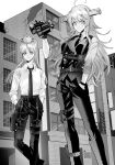  2girls ahoge alternate_costume anno88888 binoculars breasts building closed_mouth collared_shirt gloves greyscale gun hair_between_eyes hand_in_pocket headgear highres holding holster kantai_collection long_hair monochrome multiple_girls necktie outdoors pants partially_fingerless_gloves ponytail shirt sleeves_rolled_up south_dakota_(kancolle) thigh_holster vest washington_(kancolle) weapon 