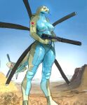 2022 aircraft anthro blue_sky breasts cettus day desert featureless_crotch female gun hi_res holding_gun holding_object holding_weapon living_aircraft living_machine living_vehicle machine markings mesa_(landscape) mi-24 nipples outside ranged_weapon rotor russian sky solo soviet_union standing star_(marking) tail vehicle weapon