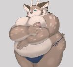 anthro belly big_moobs bikini blue_eyes blush brown_body brown_fur bulge clothing deer embarrassed fur gabu2929 hi_res kazusa male mammal moobs nipples overweight solo swimwear tamacolle