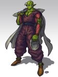  1boy alien antennae bald black_eyes brown_footwear cape closed_mouth collarbone colored_skin dougi dragon_ball dragon_ball_super dragon_ball_z full_body green_skin guillem_dauden highres holding holding_cape holding_clothes male_focus muscular muscular_male namekian pants piccolo pointy_ears purple_pants purple_shirt sash shadow shirt simple_background sleeveless solo 