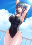  1girl alternate_costume armpits arms_up bare_arms black_one-piece_swimsuit blue_eyes blue_hair blue_sky breasts byleth_(female)_(fire_emblem) byleth_(fire_emblem) cleavage cloud commentary_request covered_navel cowboy_shot day fire_emblem fire_emblem:_three_houses groin hazuki_(nyorosuke) highres large_breasts long_hair mouth_hold one-piece_swimsuit railing sky solo standing swimsuit thighs whistle 