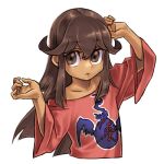  1girl arms_up brown_eyes brown_hair closed_mouth collarbone curly_hair dark-skinned_female dark_skin higatas long_hair looking_at_viewer lowres off-shoulder_shirt off_shoulder print_shirt sera_(yu-gi-oh!) shirt simple_background solo white_background wide_sleeves yu-gi-oh! yu-gi-oh!_the_dark_side_of_dimensions 