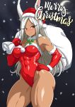  1girl absurdres animal_ears bare_shoulders blush boku_no_hero_academia bow breasts christmas contrapposto covered_abs covered_navel crescent_moon dark-skinned_female dark_skin elbow_gloves english_commentary english_text fur-trimmed_gloves fur-trimmed_headwear fur-trimmed_leotard fur_collar fur_trim gloves green_bow hand_on_own_hip hat highleg highleg_leotard highres holding holding_sack large_breasts leotard long_eyelashes long_hair looking_at_viewer merry_christmas mirko moon parted_bangs rabbit_ears rabbit_girl red_eyes red_gloves red_headwear red_leotard sack santa_hat smile snowflakes snowing solo strapless theoiledone thick_thighs thighs toned twitter_username very_long_hair white_hair 