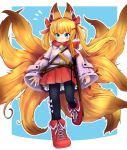  1girl alternate_costume animal_ears ankle_boots black_legwear blonde_hair blue_background blue_eyes blush boots closed_mouth cross-laced_footwear doitsuken extra_tails flying_sweatdrops fox_ears fox_tail full_body hair_ornament hair_ribbon hairclip jacket katana kemomimi_oukoku_kokuei_housou kitsune long_sleeves mikoko_(kemomimi_oukoku_kokuei_housou) multiple_swords multiple_tails outline pantyhose pink_jacket pom_pom_(clothes) red_footwear red_ribbon red_scarf red_skirt ribbon scarf short_hair simple_background skirt solo standing standing_on_one_leg sword tail virtual_youtuber weapon white_outline 