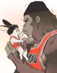  2boys akagi_takenori animal animal_on_hand animalization basketball_jersey basketball_uniform closed_eyes closed_mouth from_side full_body glasses gorilla gradient_background hands_on_another&#039;s_face holding holding_animal implied_yaoi ke_(ke_sd) kogure_kiminobu looking_at_another male_focus multiple_boys rabbit red_tank_top simple_background sitting sitting_on_person slam_dunk_(series) smile sportswear tank_top upper_body yellow_background 