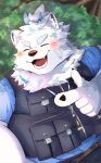 anthro bandage_on_face blush canid canine canis clothing domestic_dog fur hi_res jewelry kt0414143919 lifewonders live_a_hero locksmith male mammal necklace nordic_sled_dog overweight pouch_(clothing) samoyed smile solo spitz topwear vest white_body white_fur yohack