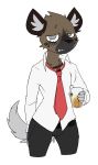  anthro aronhilistix beverage blush clothed clothing haida hyena looking_at_viewer male mammal necktie simple_background solo standing white_background 