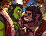  2boys alcohol back_hair bara beard beer between_pectorals blush colored_skin commission couple dark-skinned_male dark_skin face-to-face facial_hair from_side full_beard fur-trimmed_jacket fur_trim furry furry_with_non-furry green_skin hairy hey_guffaw imminent_kiss interspecies jacket large_pectorals male_focus mature_male mistletoe monster_boy multiple_boys muscular muscular_male orc original pectoral_cleavage pectoral_press pectorals pointy_ears pushing seductive_smile short_hair smile thick_beard thick_chest_hair thick_eyebrows tusks wide-eyed wolf_boy yaoi 