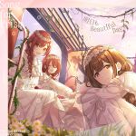  3girls absurdres ahoge album_cover alstroemeria_(idolmaster) blunt_bangs braid brown_eyes brown_hair closed_eyes commentary_request cover dress flower flower_wreath hair_over_shoulder highres idolmaster idolmaster_shiny_colors idolmaster_shiny_colors_song_for_prism kuwayama_chiyuki long_hair looking_at_viewer multiple_girls official_art open_mouth osaki_amana osaki_tenka plant see-through see-through_sleeves single_braid sitting squatting swept_bangs twilight vines white_dress yellow_eyes 