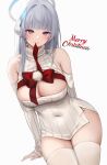  1girl absurdres bare_shoulders blue_archive blunt_bangs blush breasts christmas churi_(oxxchurixxo) closed_mouth collarbone covered_navel cowboy_shot english_text grey_hair halo highres large_breasts long_sleeves looking_at_viewer merry_christmas noa_(blue_archive) purple_eyes red_ribbon ribbon simple_background smile solo thighhighs thighs white_background white_thighhighs 