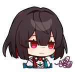  1girl :| annoyed brown_hair chibi chinese_clothes closed_mouth colored_inner_hair english_commentary honkai:_star_rail honkai_(series) multicolored_hair official_art red_eyes red_hair short_hair solo transparent_background upper_body xueyi_(honkai:_star_rail) 
