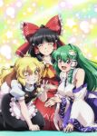  3girls apron ascot black_hair black_skirt black_vest blonde_hair blue_eyes bow braid buttons closed_eyes detached_sleeves frog_hair_ornament green_hair grin hair_bow hair_ornament hakurei_reimu kirisame_marisa kochiya_sanae long_hair lunamoon multiple_girls nontraditional_miko one_eye_closed puffy_short_sleeves puffy_sleeves red_bow red_shirt red_skirt shirt short_sleeves single_braid single_hair_tube skirt sleeveless sleeveless_shirt smile touhou v vest waist_apron white_apron white_shirt wide_sleeves yellow_ascot yellow_eyes 