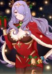  1girl alternate_costume animal_ears antlers arm_behind_back bell box breasts brown_gloves brown_pantyhose camilla_(fire_emblem) cape christmas closed_mouth deer_ears detached_sleeves dress fake_animal_ears fake_antlers fire_emblem fire_emblem_fates fur-trimmed_cape fur_trim gift gift_box gloves gmais2514 hair_between_eyes hair_ornament hair_over_one_eye highres holding holding_gift large_breasts long_hair looking_at_viewer mistletoe_hair_ornament mixed-language_commentary one_eye_covered pantyhose purple_eyes purple_hair red_cape red_dress reindeer_antlers santa_costume smile solo very_long_hair wavy_hair 