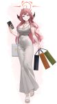  1girl aru_(blue_archive) bag bare_arms bare_shoulders blue_archive blush breasts cellphone collarbone dress full_body halo highres holding holding_bag holding_phone horns jewelry k_pring large_breasts long_hair looking_at_viewer necklace orange_eyes phone pink_hair red_halo smartphone smile solo white_dress 