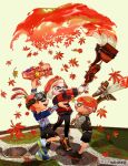  3boys absurdres artist_name autumn_leaves black_pants black_shorts closed_eyes commentary_request goggles goggles_on_head gun highres holding holding_gun holding_weapon inkling inkling_boy multiple_boys octobrush_(splatoon) octoling octoling_boy open_mouth paint pants pointy_ears red_hair short_hair shorts smile splatoon_(series) splatoon_3 splattershot_jr_(splatoon) standing teeth tentacle_hair twitter_username weapon white_background yoruikakun 