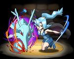  1girl black_background blue_eyes blue_hair boot breasts cape cosmo_(465lilia) cosmo_(pixiv12140406) gym_leader hair_ornament high_heels high_ponytail ibuki_(pokemon) kingdra larges_breasts long_hair open_mouth pokeball pokemon pokemon_(creature) pokemon_(game) pokemon_gsc pokemon_hgss ponytail puzzle_and_dragons sideboob tagme 