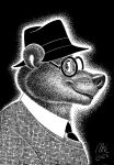 2023 angus_delaney anthro bear clothed clothing eyewear fur glasses hat headgear headwear hi_res looking_back male mammal mouth_closed necktie night_in_the_woods nikraccoom shirt side_view signature smile solo topwear vest