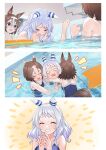  3girls animal_ears bamboo_memory_(umamusume) brown_hair friends girl_sandwich happy highres hishi_miracle_(umamusume) horse_ears horse_girl horse_tail hug multicolored_hair multiple_girls nabe_puyo pool sandwiched tail two-tone_hair umamusume white_hair yaeno_muteki_(umamusume) 