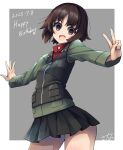  absurdres alina_(girls_und_panzer) black_shirt black_vest blush bob_cut brown_eyes brown_hair contrapposto cowboy_shot dated girls_und_panzer green_jacket happy_birthday highres jacket long_sleeves military_uniform miniskirt open_mouth pleated_skirt pravda_military_uniform red_shirt red_undershirt sattinittas shirt short_hair skirt undershirt uniform v v-shaped_eyebrows vest 