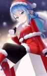  1girl absurdres black_gloves black_pantyhose blue_eyes blue_hair boots dress fur-trimmed_dress fur_trim gloves hair_between_eyes hair_ribbon hat highres holding holding_sack hololive hoshimachi_suisei kaname_eri long_hair looking_at_viewer looking_down pantyhose ribbon sack santa_boots santa_capelet santa_dress santa_hat sitting solo star_(symbol) star_in_eye symbol_in_eye thigh_strap virtual_youtuber 