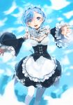  bad_id bad_pixiv_id black_ribbon blue_eyes blue_hair copyright_name detached_sleeves english frilled_sleeves frills hair_ornament maid maid_headdress pantyhose purple_ribbon re:zero_kara_hajimeru_isekai_seikatsu rem_(re:zero) ribbon short_hair solo underbust white_legwear x_hair_ornament yuni_(via_junk) 