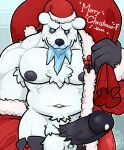 absurd_res anthro balls bear beartic bodily_fluids christmas christmas_clothing christmas_headwear clothed clothing costume erection fur generation_5_pokemon genitals gloves handwear hat headgear headwear hi_res holidays humanoid humanoid_genitalia humanoid_penis male mammal muscular muscular_male nintendo nipples partially_clothed pecs penis pokemon pokemon_(species) santa_costume santa_hat simple_background solo ursa-m1nor white_body white_fur