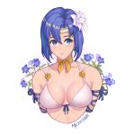  1girl alternate_costume artist_name bikini blue_eyes blue_hair breasts catria_(fire_emblem) cleavage closed_mouth collarbone fire_emblem fire_emblem:_mystery_of_the_emblem fire_emblem:_shadow_dragon_and_the_blade_of_light flower hair_flower hair_ornament large_breasts lips looking_at_viewer meziosaur short_hair simple_background solo swimsuit upper_body white_background white_bikini 
